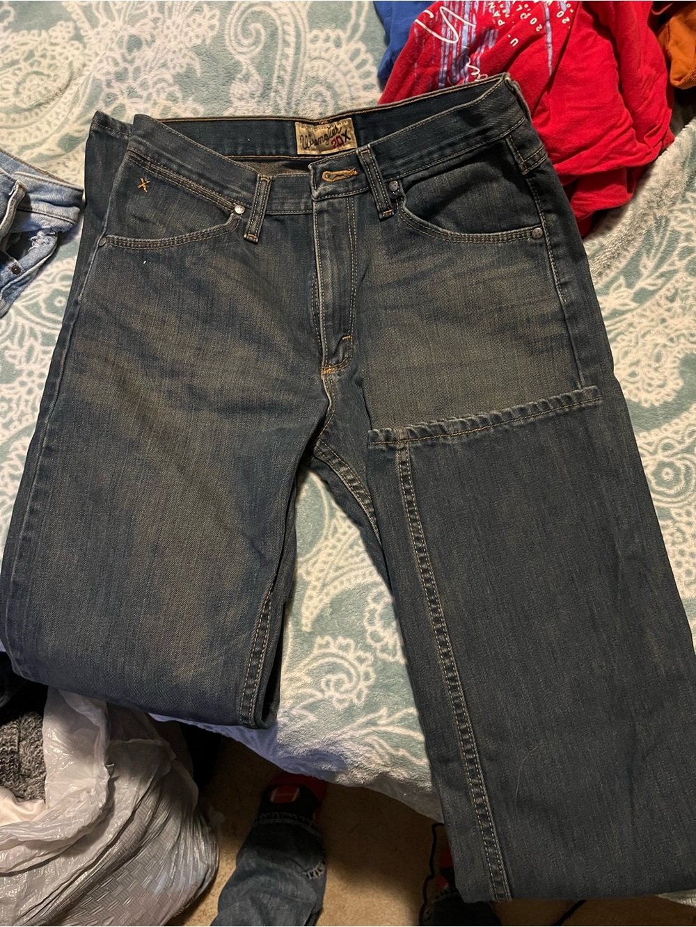 Wrangler Dark Blue Bootcut Jeans with Patch Detail
